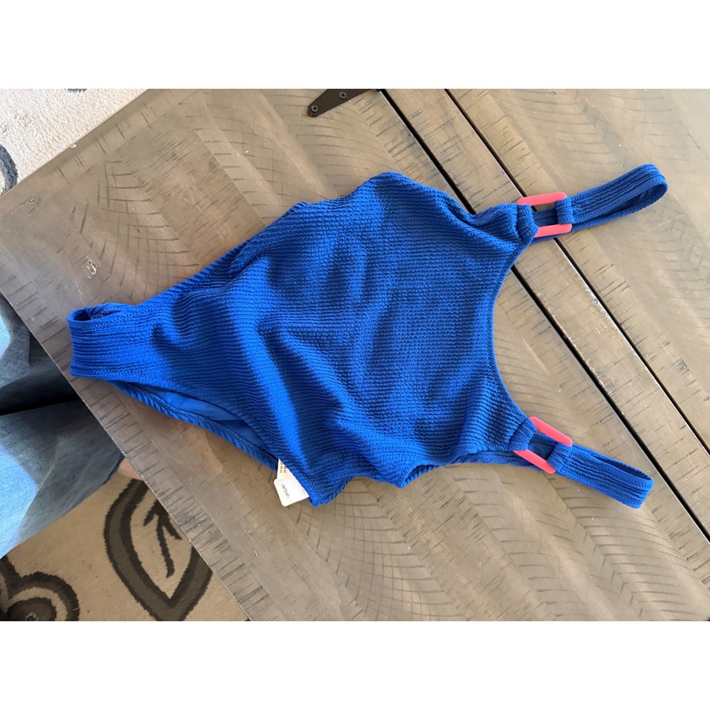 Aerie Blue Crinkle One Piece Swimsuit Pink Ring Hardware High Cut NWT